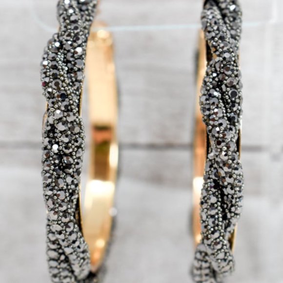 3" Braid Twist Hematite Rhinestone Hoop Earrings - Picture 5 of 12